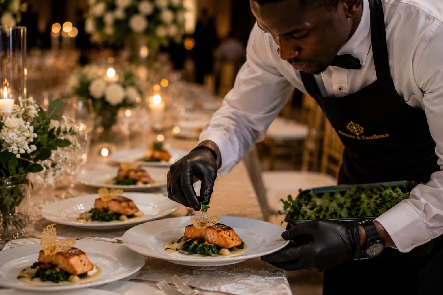 Serveur dressant la table pendant le service d'un événement